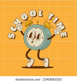 Welcome Back. School time. Funny retro alarm clock mascot poster, banner, print. Cartoon wake up clock character vector illustration. Nostalgia