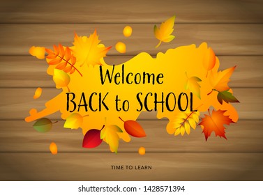 Welcome back to school, time to learn lettering, autumn leaves. Offer or sale advertising design. Typed text, calligraphy. For leaflets, brochures, invitations, posters or banners.