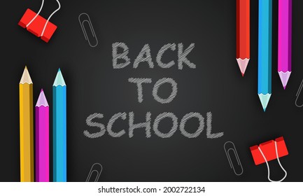 Welcome Back to School Title Written in a Chalk Board with Realistic 3D Items Like Pencil and Paper clip. Vector Illustration