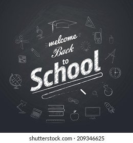 Welcome Back To School Typographical Background On Chalkboard With Icon Elements