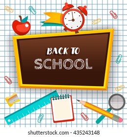 Welcome Back To School Typographical Background On Chalkboard With School Icon Elements, template for invitation, banner, poster, flyer, brochure, school concept.