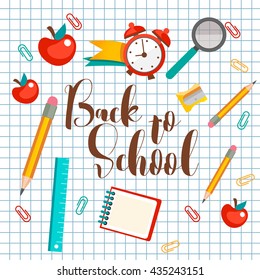 Welcome Back To School Typographical Background On Chalkboard With School Icon Elements, template for invitation, banner, poster, flyer, brochure, school concept.