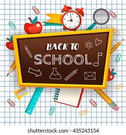 Welcome Back To School Typographical Background On Chalkboard With School Icon Elements, template for invitation, banner, poster, flyer, brochure, school concept.