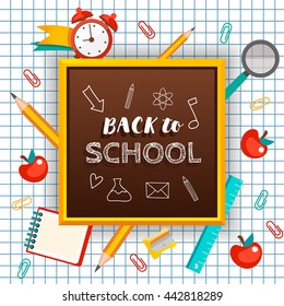 Welcome Back To School Typographical Background With School Icon Elements, template for school invitation, school banner, poster, flyer, brochure, school concept. school, school template, school back