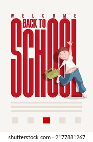 Welcome back to school typography poster design. Vector illustration. Happy kid jumping with backpack. Typographic design on the back, Welcome back to school