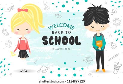 Welcome Back to school vector background with students. Vector illustration for website , posters, email and newsletter designs, ads, coupons, promotional material.
