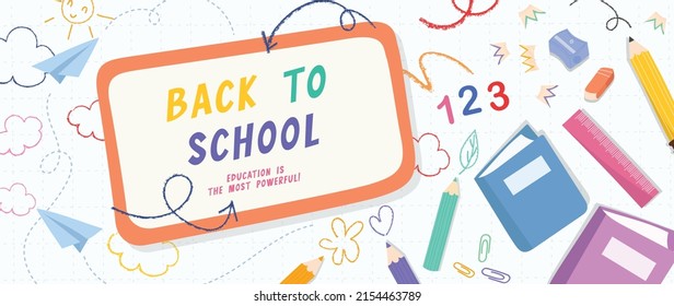 Welcome back to school vector background. Cute hand drawn wallpaper with school stuffs, objects, book, pencil, pen in doodle style. Adorable banner design for education, prints, covers, kids.