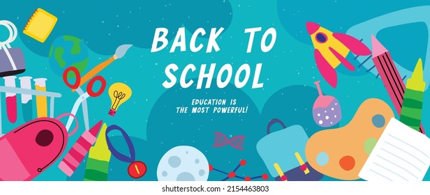 Welcome Back To School Vector Background. Cute Hand Drawn Wallpaper With School Stuffs, Objects, Book, Pencil, Pen In Doodle Style. Adorable Banner Design For Education, Prints, Covers, Kids.