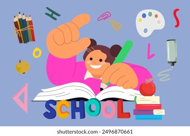 Welcome back to school vector. Background design with children, schoolgirl and education accessories element. Kids hand drawn flat design. 