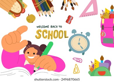 Welcome back to school vector. Background design with children, schoolgirl and education accessories element. Kids hand drawn flat design. 