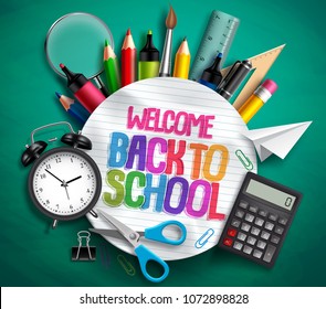 Welcome back to school vector banner with school supplies, education elements and colorful text in textured white paper in green background. Vector illustration.