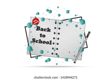 Welcome back to school vector banner with school notebook mock up with white paper sheet and empty place background. - Vector