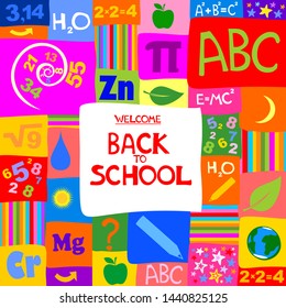 Welcome Back to school vector banner design with colorful education items and space for text in a background. Design element for the design of leaflets, cards, envelopes, covers, flyers sales. Vector