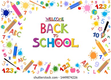 Welcome Back to school vector banner design with colorful education items and space for text in a background. Design element for the design of leaflets, cards, envelopes, covers, flyers sales. Vector