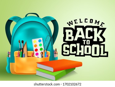 Welcome back to school vector banner design. Welcome back to school typography in blank space for text with colorful school supplies and education elements like school bag, books, pencil and crayons.