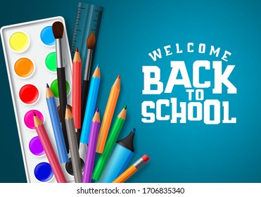 Welcome back to school vector banner design. Welcome back to school text in blue space background with education elements and school items like water color, color pen, brush and ruler.