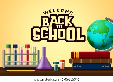 Welcome back to school vector banner design. Welcome back to school text in yellow background with laboratory elements and school supplies like books, pencil, and globe. Vector illustration banner.