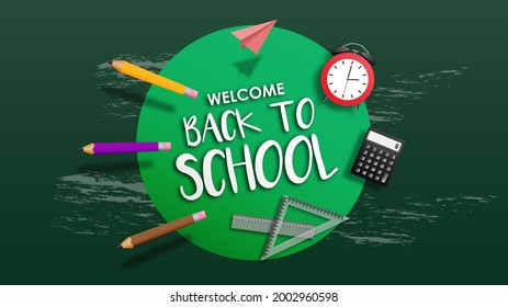 Welcome back to school vector banner with school tools like pencil pen calculator clock alarm etc, education elements and white text in green background. Vector illustration.
