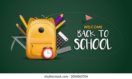 Welcome back to school vector banner with school tools like pencil pen calculator clock alarm etc, education elements and white text in green chalk board background. Vector illustration.
