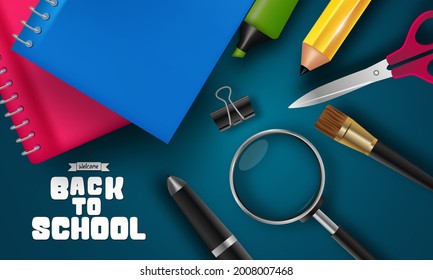 Willkommen zurück zu Schule Vektorbanner mit Schulmaterial. Vektorgrafik