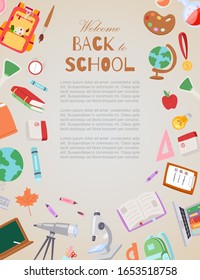 Welcome back to school vector cartoon illustration. Schoolchildren poster and objects for school backpack, globe, sneakers, microscope, textbooks, alarm clock, notepad frame with typofgraphy.