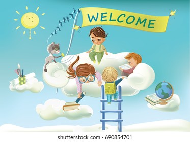 Welcome back to school, vector cartoon background. Creative school in the clouds
Happy kids ready come back to school. Vector illustration.
