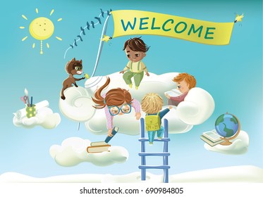 Welcome back to school, vector cartoon background. Creative school in the clouds. Happy kids ready come back to school. Vector illustration.
