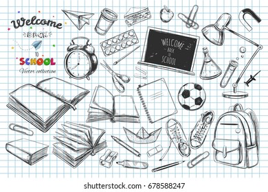 Welcome back to school vector collection. hand drawn elements. School supplies. Books, notebook, copybook, backpack, lamp, alarm clock, football, snickers, chalkboard, pencil, marker, eraser etc.