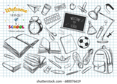 Welcome back to school vector collection. hand drawn elements. School supplies. Books, notebook, copybook, backpack, lamp, alarm clock, football, snickers, chalkboard, pencil, marker, eraser etc.