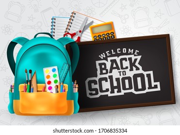 Welcome back to school vector concept design. Welcome back to school typography in chalkboard space for text with school supplies and education elements in patterned background. Vector illustration. 
