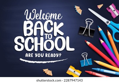 Welcome back to school vector design. Back to school are you ready text with pencil colors and crayons supplies elements. Vector illustration back to school background. 