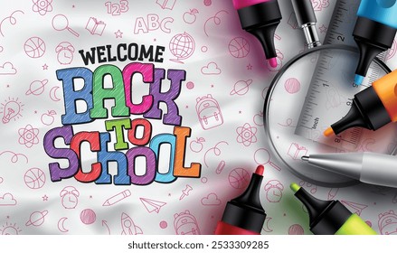 Welcome back to school vector design. Back to school in colorful text with color pen art elements in doodle background. Vector Illustration.
