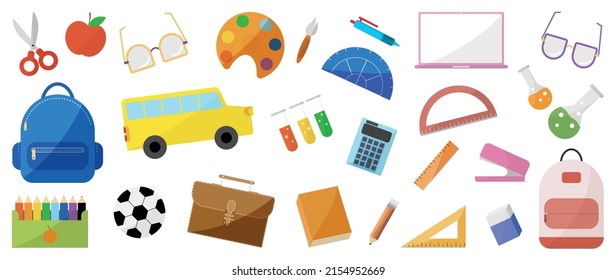 Welcome back to school vector elements. Cute hand drawn flat color with school stuffs, objects, book, pencil, pen in doodle style. Adorable banner design for education, prints, decorative, kids.