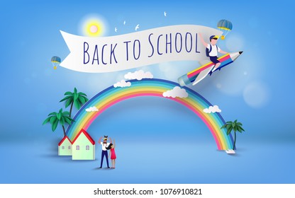 Welcome back to school vector illustration. Education, childhood, family and people concept - elementary student girl with mother.