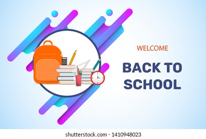Welcome Back to school vector illustration with book, bag, pencil, calculator icon in modern flat style design on gradient fluid shape background - vector illustration 