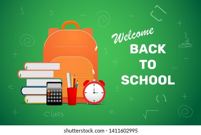 Welcome Back to school vector illustration with book, bag, pencil, ruler, calculator icon in modern flat style design on decorated green background - vector illustration 