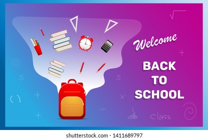 Welcome Back to school vector illustration with book, bag, pencil, calculator icon in modern flat style design on modern trendy gradient  background - vector illustration 