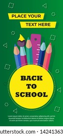 Welcome back to school. Vector illustration. Modern design banner, poster, flyer template with school accessories. sale vector green background. Office and student items, pen, pencil, brush, ruler