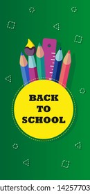 Welcome back to school. Vector illustration. Modern design banner, poster, flyer template with school accessories. sale vector green background. Office and student items, pen, pencil, brush, ruler