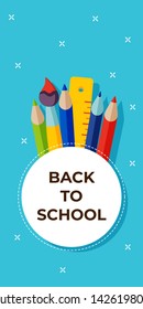 Welcome back to school. Vector illustration. Modern design banner, poster, flyer template with school accessories. sale vector blue background. Office and student items, pen, pencil, brush, ruler