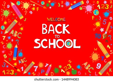 Welcome back to school. Vector illustration banner.  Design element for the design of leaflets, cards, envelopes, covers, flyers sales. Concept of education. School background. Vector illustration