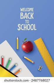 Welcome Back To School vector illustration background with pencil, crayons, ruler, paper, apple, sharpener and funky text. Banner template for website, social media, website, greeting card, sale