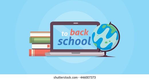 Welcome back to school, vector illustration. PC , books and globe