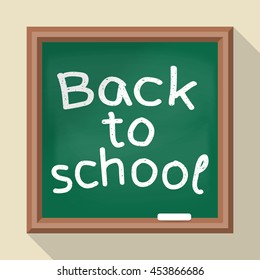 Welcome back to school. Vector illustration flat style. School board with the message written in chalk. Template for design.