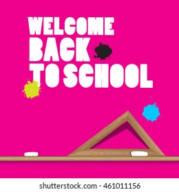 Welcome Back to School Vector Illustration with Ruler and Stains on Pink Background.