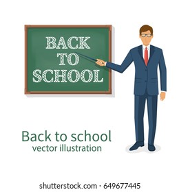 Welcome back to school. Vector illustration flat style. School board with the message written in chalk. Template for design. Teacher is at the board with a pointer. Show greeting.