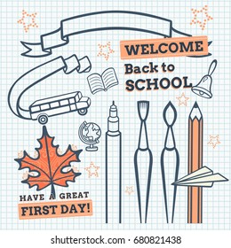 Welcome Back to School. Vector Illustration With School Items. Colorful Hand-drawn Designs Label Set Isolated On White Background. Retro Style Elements.