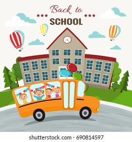 Welcome back to school vector illustration. School and school bus.