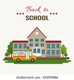Welcome back to school vector illustration. School and school bus.