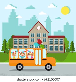 Welcome back to school vector illustration. School and school bus
